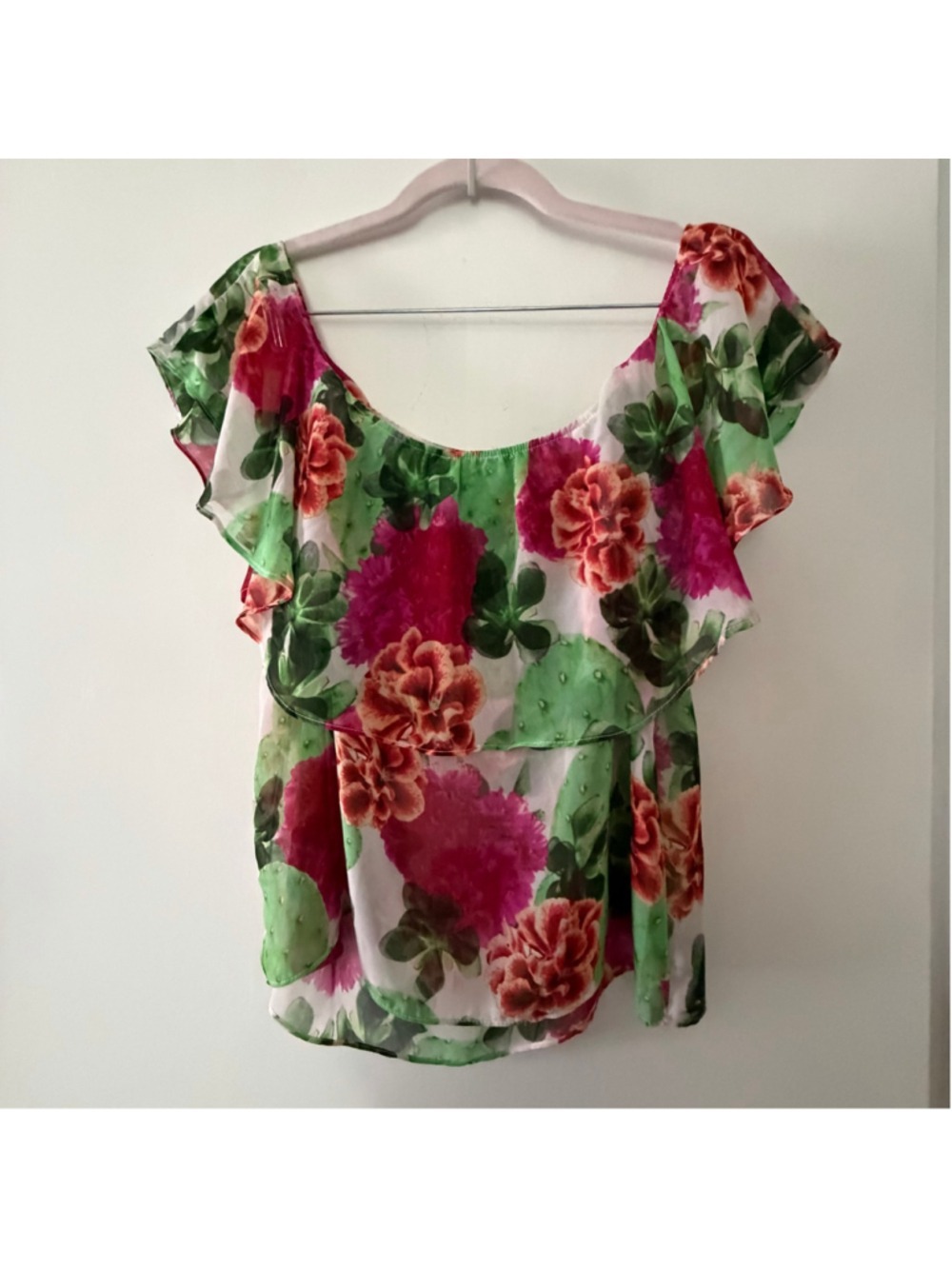 Show Me Your Mumu Chiquita Shear Chiffon Top Small Green Pink Floral Ruffle